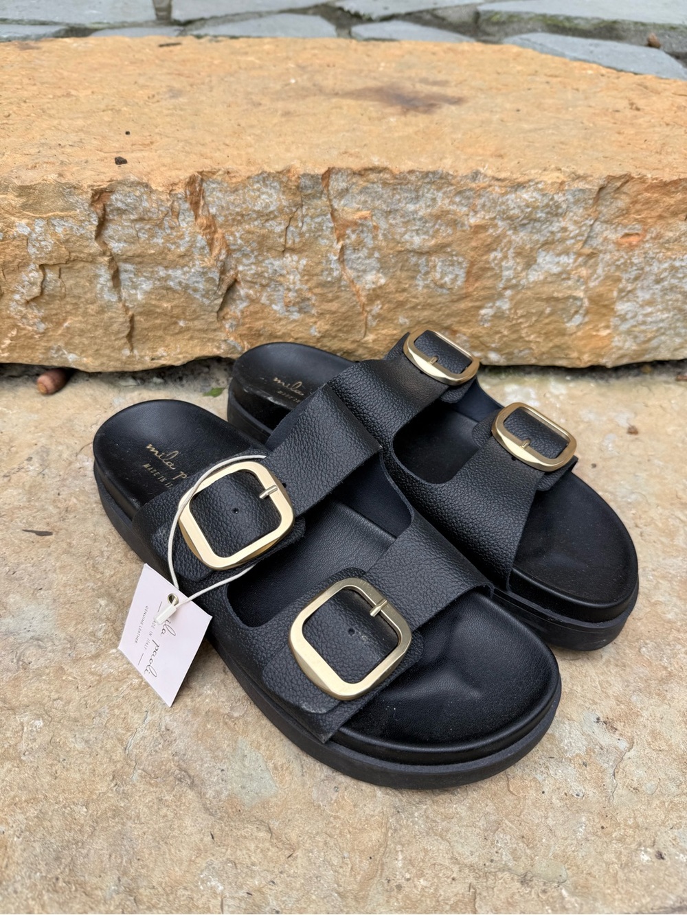 Linea Pelle women’s leather Black Slide Sandals with Gold Buckles platform